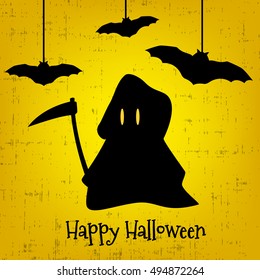 Trick or treat  halloween greeting card with Grim Reaper and bats. Vector illustration. 