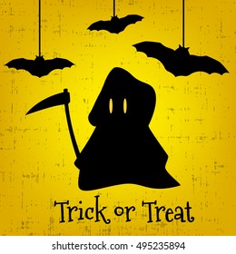 Trick or treat  halloween greeting card with Grim Reaper and bats. Vector illustration. 