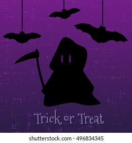 Trick or treat  halloween greeting card with Grim Reaper and bats. Vector illustration. 