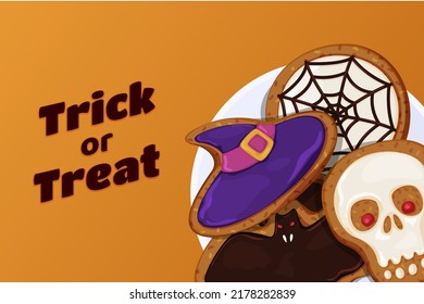 Trick or treat Halloween holiday cookies orange banner vector illustration. Festive evil horror poster traditional candy treat witch hat skull spider net bat. All Saints day celebration event promo