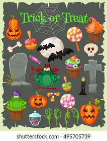 Trick or treat. Halloween icons isolated grunge background. Halloween vector characters. Pumpkin, witch copper, skull , candies and other cute Halloween things