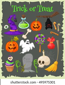 Trick or treat. Halloween icons isolated grunge background. Halloween vector characters. Pumpkin, witch copper, skull , candies and other cute Halloween things