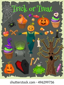 Trick or treat. Halloween icons isolated grunge background. Halloween vector characters. Pumpkin, witch copper, skull , candies and other cute Halloween things