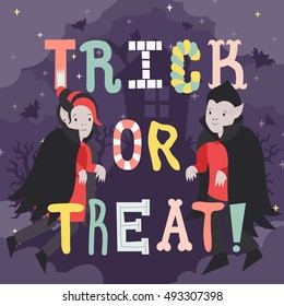 Trick or treat Halloween illustration with cartoon letters, vampires and scary house.