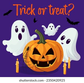 Trick or treat halloween illustration with cute ghosts and jack pumpkin lantern on dark background