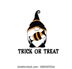 Trick or Treat. Halloween Illustration. Lettering Design with gnome. 