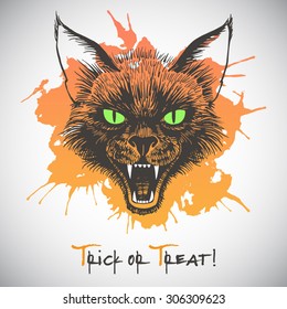 Trick or treat Halloween illustration. Scary black cat's head with open mouth and bared fangs. Ink drawing with colorful blot. Grinning cat's muzzle with grunge splash. 