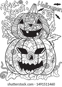 Trick or Treat Halloween Jack O’ Lanterns with flower, spider and pumpkins elements. Hand drawn lines. Doodles art for greeting cards, invitation or poster. Coloring book for adult and kids.