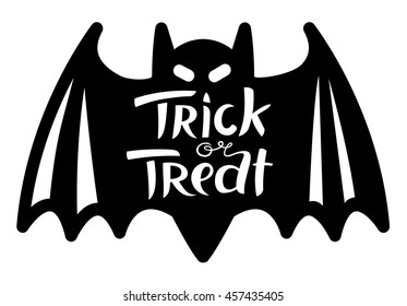 Trick or treat Halloween lettering composition. Hand-drawing cute letters. Vector illustration with isolated unique inscription and bat shape. Design element