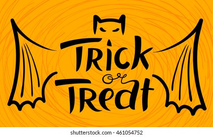 Trick or treat Halloween lettering composition. Hand-drawing cute letters. Vector illustration with isolated unique inscription and bat shape. Black design element on yellow background