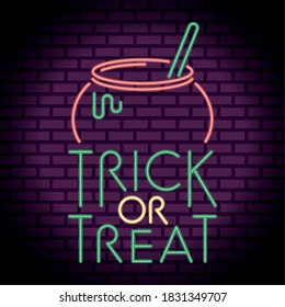 trick or treat halloween lettering in neon light with cauldron vector illustration design