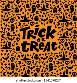 Trick or treat Halloween lettering on adorable bright and colorful background. Pumpkin, witch hat, bones, ghost and moon autumn vector pattern. Orange and black ornament.