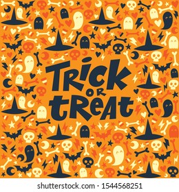 Trick or treat Halloween lettering on adorable bright and colorful background. Pumpkin, witch hat, bones, ghost and moon autumn vector pattern. Orange, white and dark blue ornament.