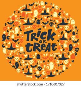 Trick or treat Halloween lettering on adorable bright and colorful background. Pumpkin, witch hat, bones, ghost and moon autumn vector pattern. Orange, white and dark blue ornament.