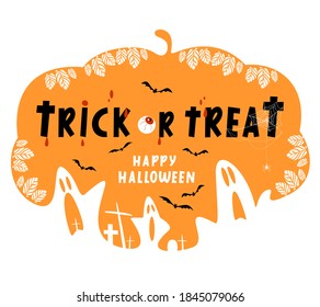 Trick or treat Halloween lettering on orange background. Modern hand-drawn illustration for the card and print design. Funny ghosts with haunted house, cemetery and black bats.