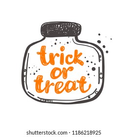 Trick or treat. Halloween. Logo, icon and label for your design. Lettering. Celebration motivational slogan. Hand drawn vector illustration. Can be used for sticker, badge, card, poster, banner