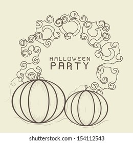 Trick or Treat Halloween night party poster, banner or flyer with pumpkins on floral background. 