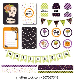 Trick or Treat Halloween Notebook Doodles- Hand Drawn Design Holiday Element. Set of flags and ribbons with a striking design for Halloween. Vector