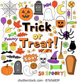 Trick or Treat Halloween Notebook Doodles- Hand Drawn Design Holiday Elements Set on White Lined Sketchbook Paper Background- Vector Illustration