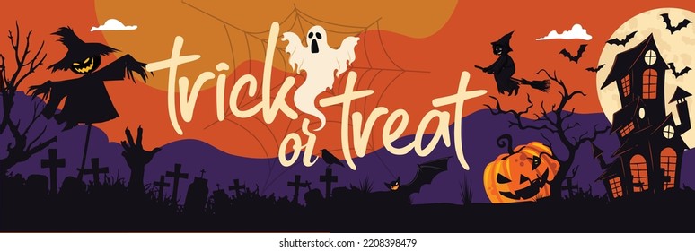 Trick or treat Halloween party banner for October event, orange purple background and scary smiling pumpkin, white ghost, flying black bats, scarecrow, creepy witch. Happy Halloween graveyard night. 