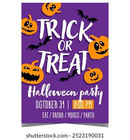 Trick or treat Halloween party banner, leaflet or flyer with pumpkins and bats to invite friends to celebrate the All Saints' Day. Vector designs template ready for web or to print.