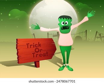 Truco o trato, concepto de fiesta de Halloween con monstruo de dibujos animados y Tablero de madera sobre fondo verde y amarillo de luna llena.