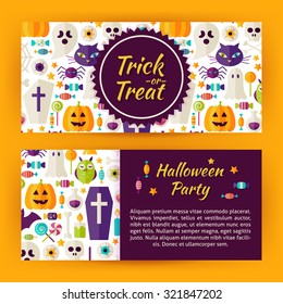 Trick or Treat Halloween Party Flat Style Vector Template Banners Set. Flat Style Design Vector Illustration of Brand Identity for Halloween Promotion. Colorful Pattern for Advertising