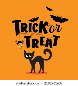 Trick or treat  halloween party greeting card with cute black cat and Spider, Bat Holidays cartoon character. Vector