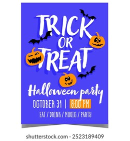 Trick or treat Halloween party invitation poster or banner with scary faced pumpkins and spooky flying bats. Vector leaflet or flyer template to invite for celebration of All Saints' Day.