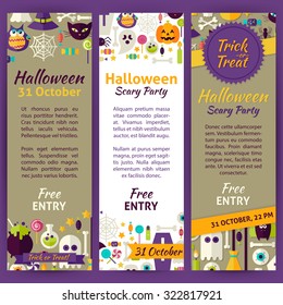 Trick or Treat Halloween Party Invitation Template Flyer Set. Flat Design Vector Illustration of Brand Identity for Halloween Holiday Promotion. Trick or Treat Colorful Pattern for Advertising