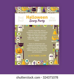 Trick or Treat Halloween Party Invitation Template Flyer. Flat Design Vector Illustration of Brand Identity for Halloween Promotion. Trick or Treat Colorful Pattern for Advertising