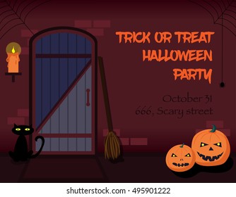 Trick or treat Halloween party invitation. The interior of the witch house with broom, candle, pumpkins and black cat, decorated for Halloween. Old front door made of wood. Vector illustration.