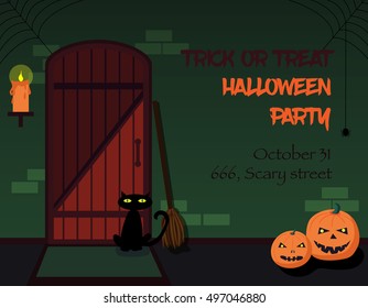 Trick or treat Halloween party invitation. The interior of the witch house with broom, candle, pumpkins and black cat, decorated for Halloween. Old front door made of wood. Vector illustration.