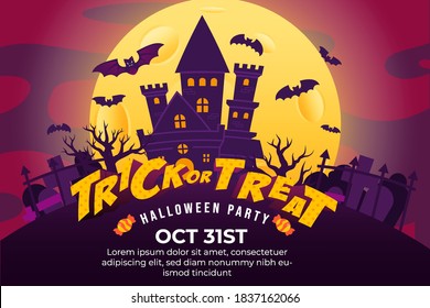 Trick or Treat Halloween Party Poster. with Castle, flying bat, spooky Forest and Big full moon at night. can use for Poster, Banner, Card, web design