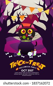 Trick Or Treat Halloween Party Poster with Cute Black Cat, Cauldron, Bone's, candle, spooky forest and full moon.can use for poster, flyer, web design, invitation, greeting card