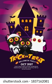 Trick Or Treat Halloween Party Poster with Cute Black Cat use Vampire, ghost and mummy Costume. castle and flying bat on a full moon at night.