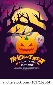 Trick Or Treat Halloween Party Poster with spooky forest, tombstone and full moon at night.can use for poster, flyer, web design, invitation, greeting card