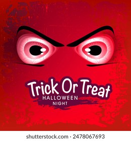 Trick or Treat, diseño de póster de fiesta de Halloween con ojos de monstruo sobre fondo rojo.