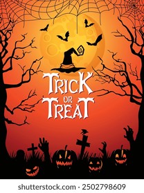 trick or treat Halloween party poster or Halloween sign vector template full moon Halloween pumpkin ghost, crow, bat, spider web, cemetery with graves, zombie hand, vector illustration.