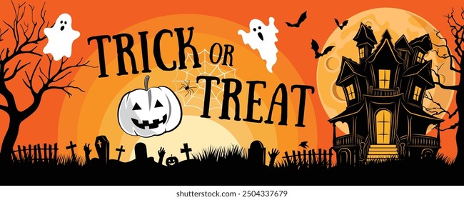 Trick or treat Halloween party poster or banner vector template. Halloween ghost, pumpkin ghost, full moon, bat, abandoned house, cemetery with graves, zombie hand. Halloween vector illustration.