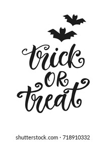 Trick or Treat. Halloween Party Poster with Handwritten Ink Lettering, isolated on white. Modern Calligraphy text, isolated on white background. Vector Illustration.