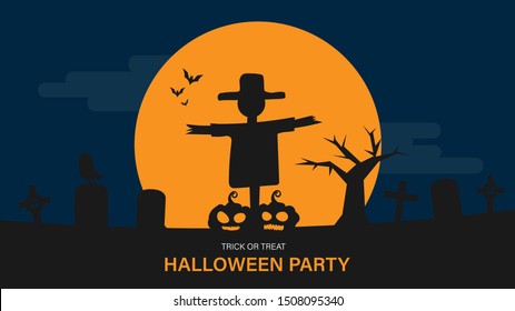 Trick or treat halloween party with two girls standing in front of church. Halloween party background vector illustration for celebration. Halloween landing page or presentation.