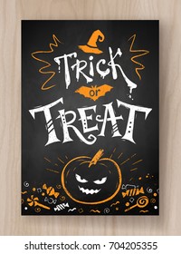 Trick or Treat Halloween postcard color chalked design with lettering, pumpkin and candies on wood background.