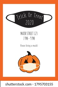 Trick Or Treat Halloween Postcard Design Pumpkin And Face Mask. Halloween 2020 Party Invitation Fully Editable. Vector Illustration. Use For Cards, Flyer, Posters