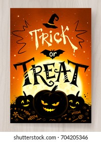 Trick or Treat Halloween postcard design with lettering, pumpkins and moonlight on orange night sky on wood background.