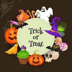 Trick Or Treat . Halloween Poster Background Card. Retro Cartoon Style Vector Illustration.