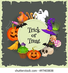 Trick or treat . Halloween poster background card. Retro cartoon style vector illustration.