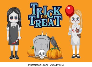 Trick or Treat Halloween Poster with ghost girls  illustration