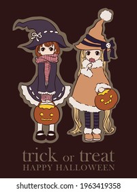 Trick or Treat Halloween poster greeting card with cute cartoon style witches.