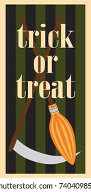Trick or treat Halloween poster with headline and image of broom and scythe on wooden handles vector illustrations isolated on striped background